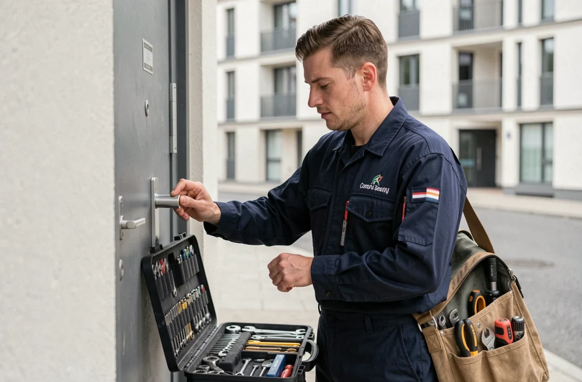 Technicien de la société AAVS inspectant une serrure haute sécurité sur une porte résidentielle moderne