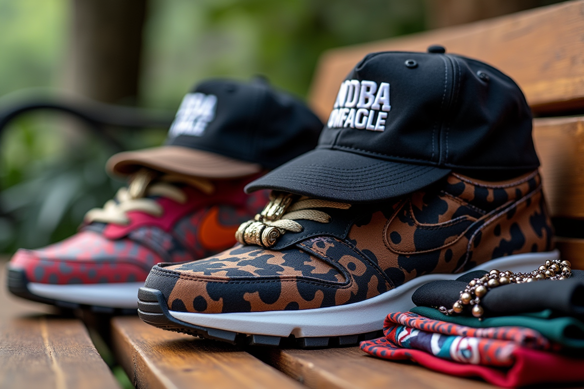Accessoires streetwear détaillés sur un banc en bois