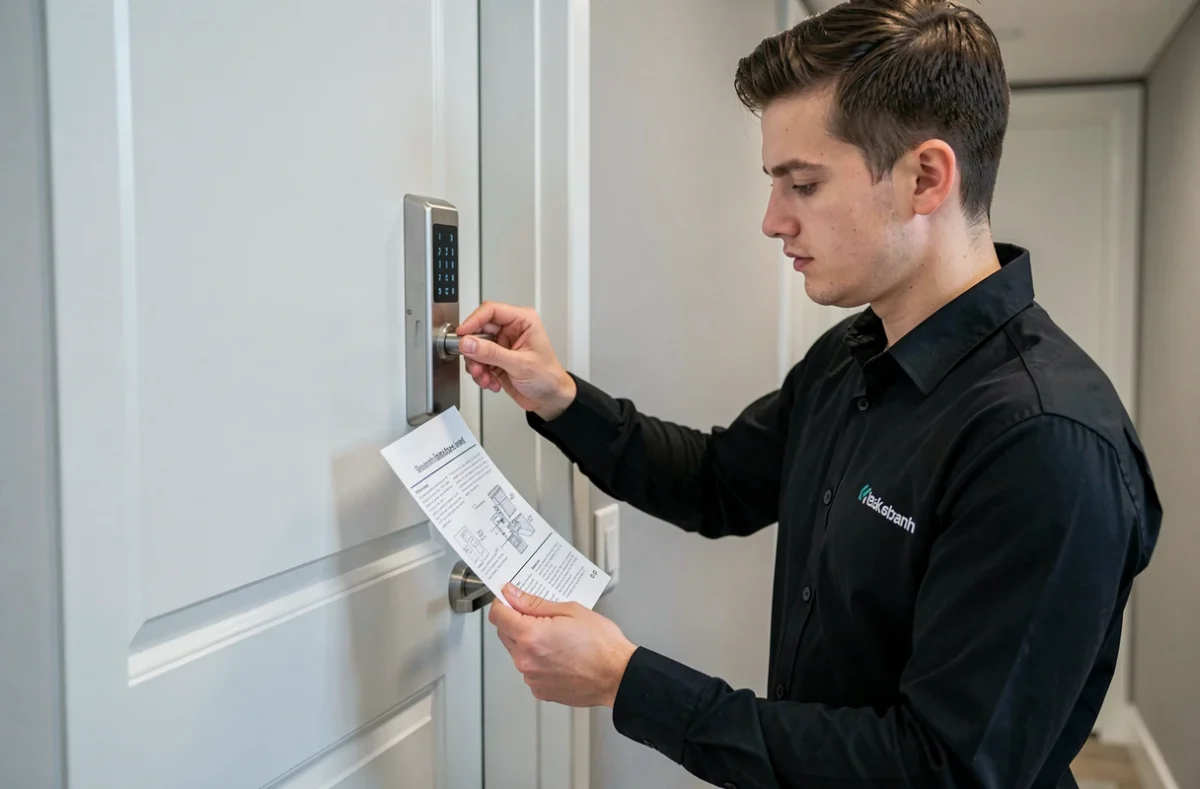 Technicien d'Activ' Pose installant une serrure connectée sur la porte d'un appartement moderne dans la Drôme