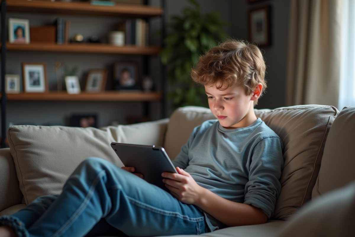 Adolescent détendu sur un canapé avec tablette à la maison