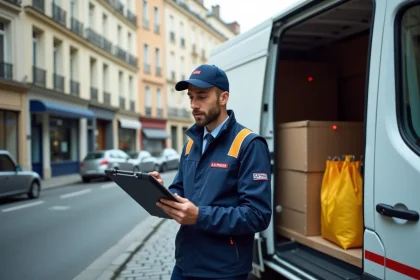 Agent de livraison La Poste consultant une tablette numérique devant son véhicule pour optimiser sa tournée professionnelle