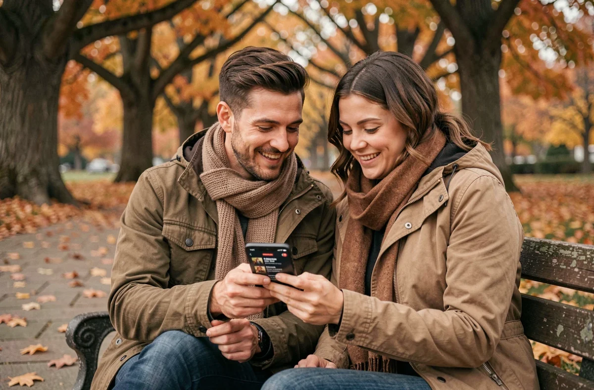 Deux amis consultent une application de streaming en plein air à l'automne pour choisir l'ordre de visionnage des films du Hobbit