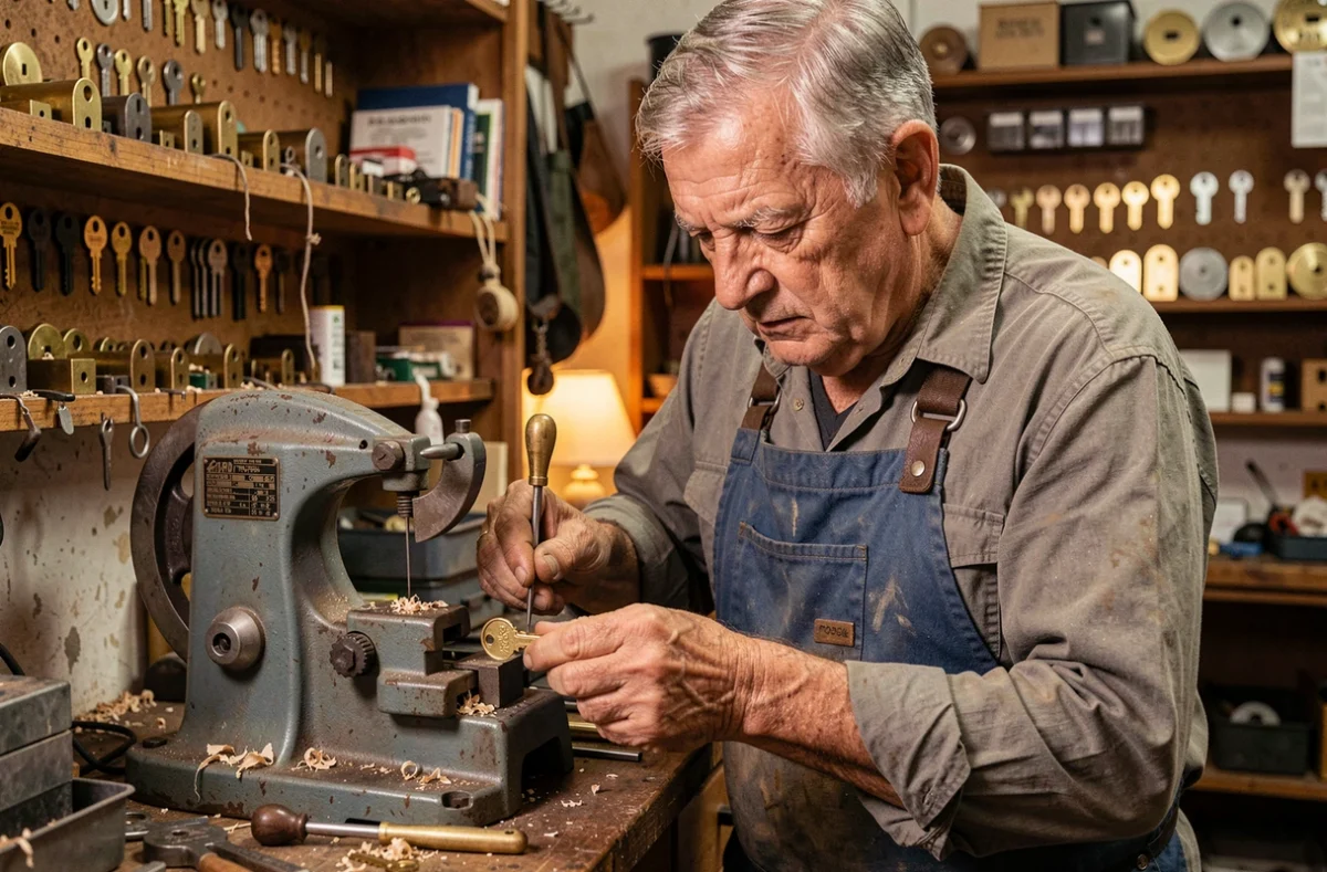 André Deliaud, serrurier artisan, en train de tailler une clé de remplacement sur une machine traditionnelle dans son atelier de la Drôme