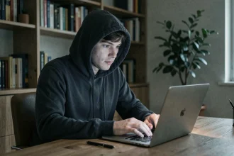 Jeune homme en sweat à capuche naviguant anonymement sur un ordinateur portable dans un bureau à domicile intimiste