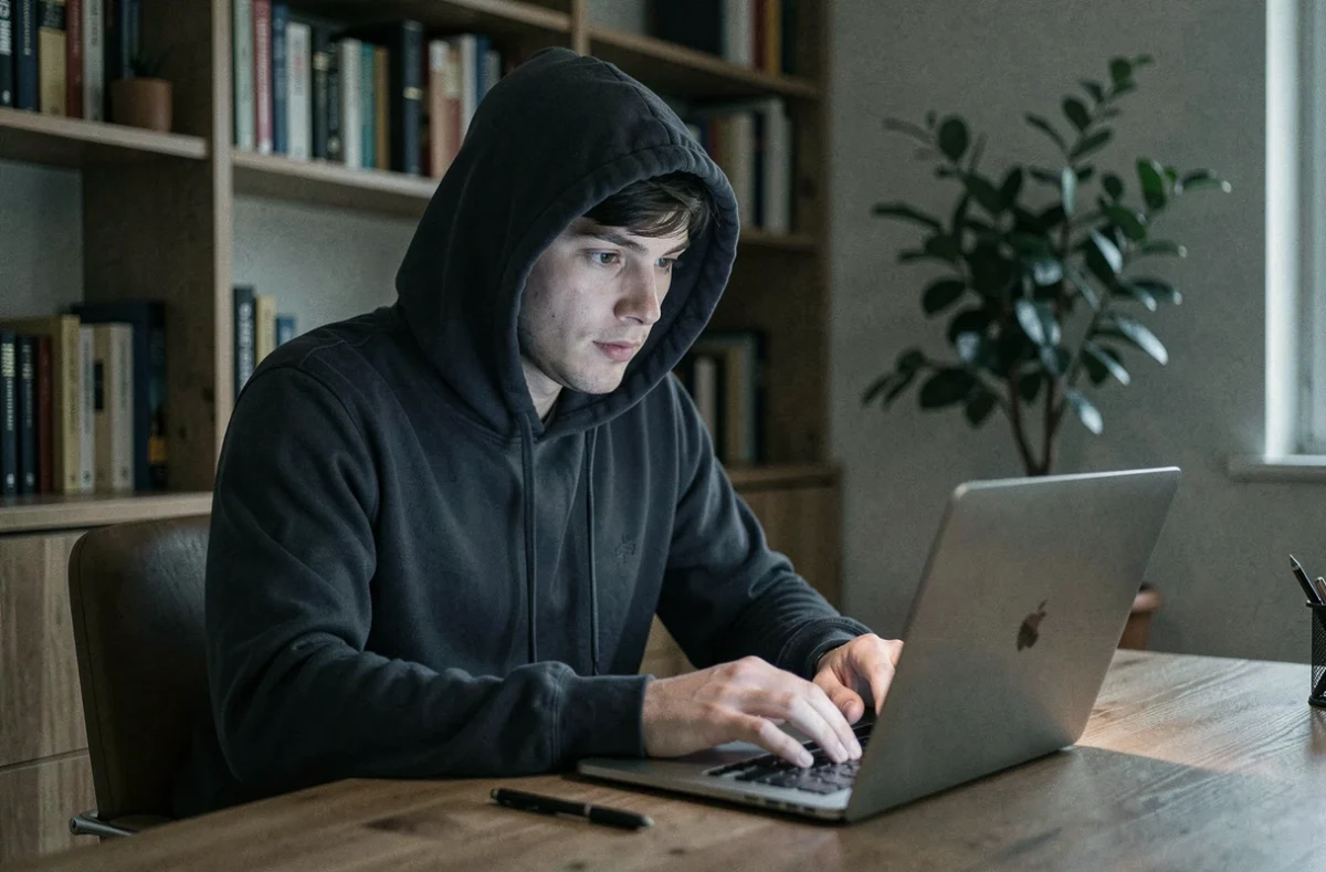 Jeune homme en sweat à capuche naviguant anonymement sur un ordinateur portable dans un bureau à domicile intimiste