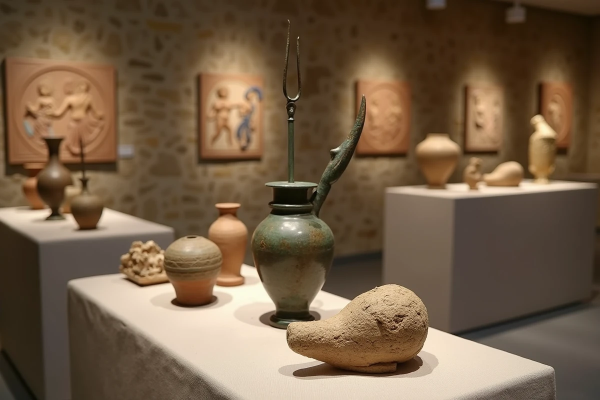 Collection d'artefacts grecs anciens dans un musée d'antiquités, comprenant des tridents en bronze et des offrandes votives représentant Poséidon et les divinités marines mineures