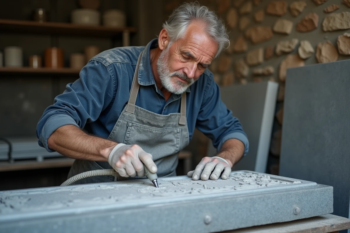 Artisan tailleur de pierre gravant une décoration florale sur une dalle de granit pour pierre tombale familiale