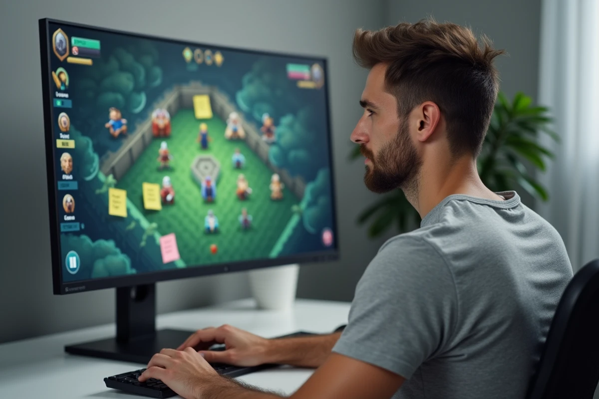 Homme concentré devant un écran de jeu affichant une grille tactique avec des personnages placés stratégiquement, illustrant les astuces de placement au Royaume d'Encre
