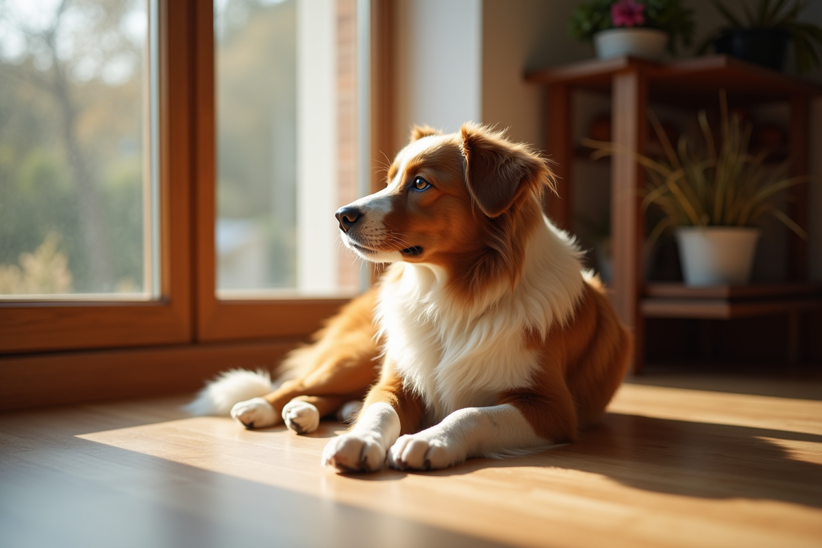 Chien Australian Shepherd merle rouge allongé à l intérieur près d une fenêtre