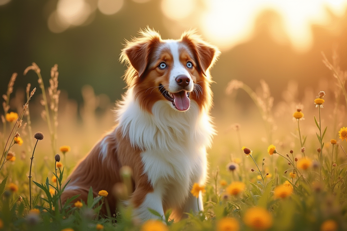 Chien Australian Shepherd merle rouge en plein air dans un champ ensoleille