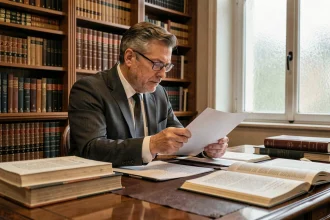 Avocat examinant des documents juridiques relatifs à la caducité et la force majeure dans un bureau de droit français