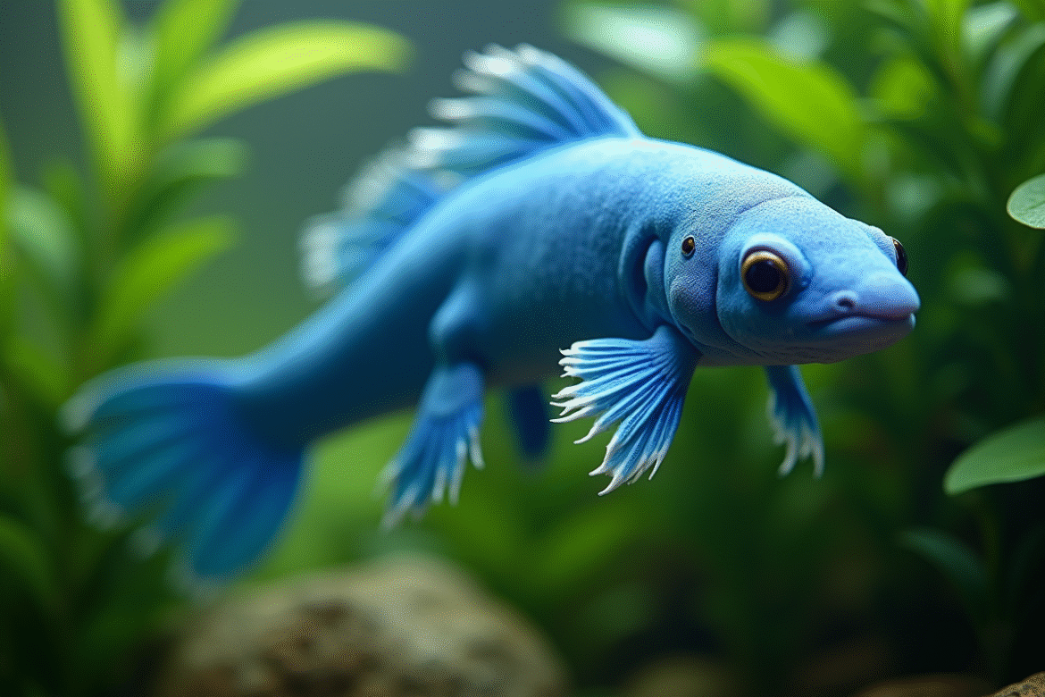 Axolotl bleu nageant parmi plantes aquatiques en aquarium clair
