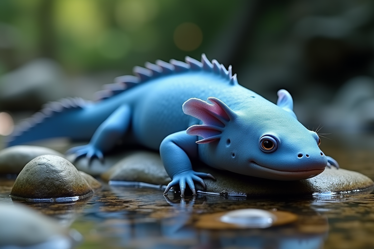 Axolotl bleu reposant sur des pierres dans son habitat naturel