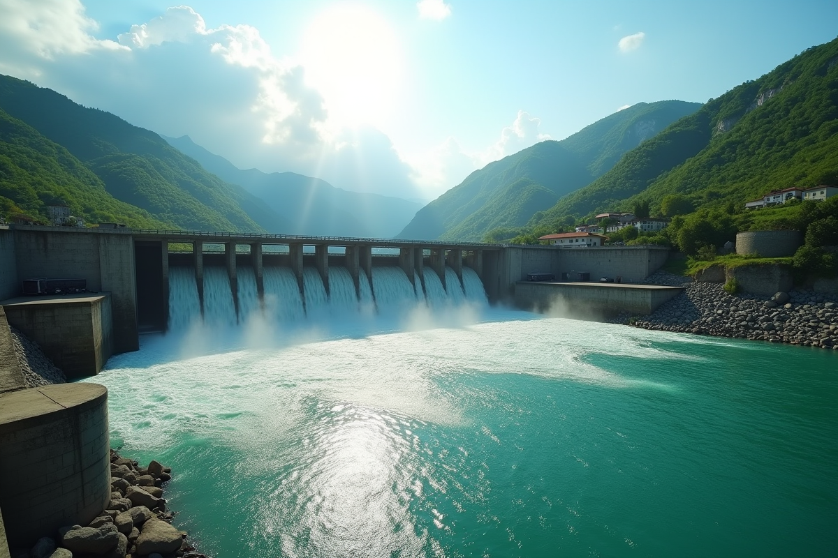 Barrage hydroelectrique en action avec eau turquoise et paysage verdoyant