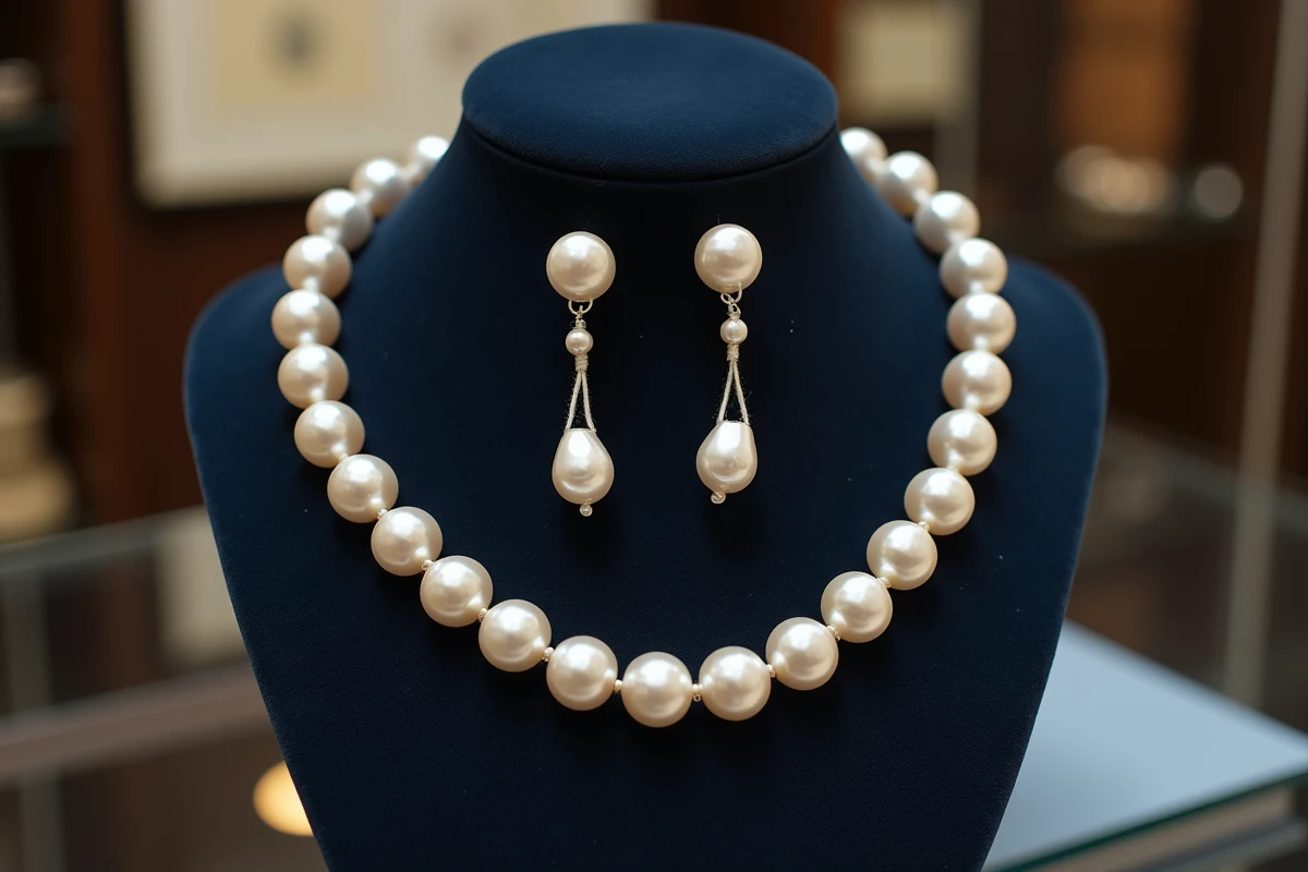 Collier et boucles d'oreilles en perles huîtres montées sur un buste en velours marine dans une boutique de bijoux
