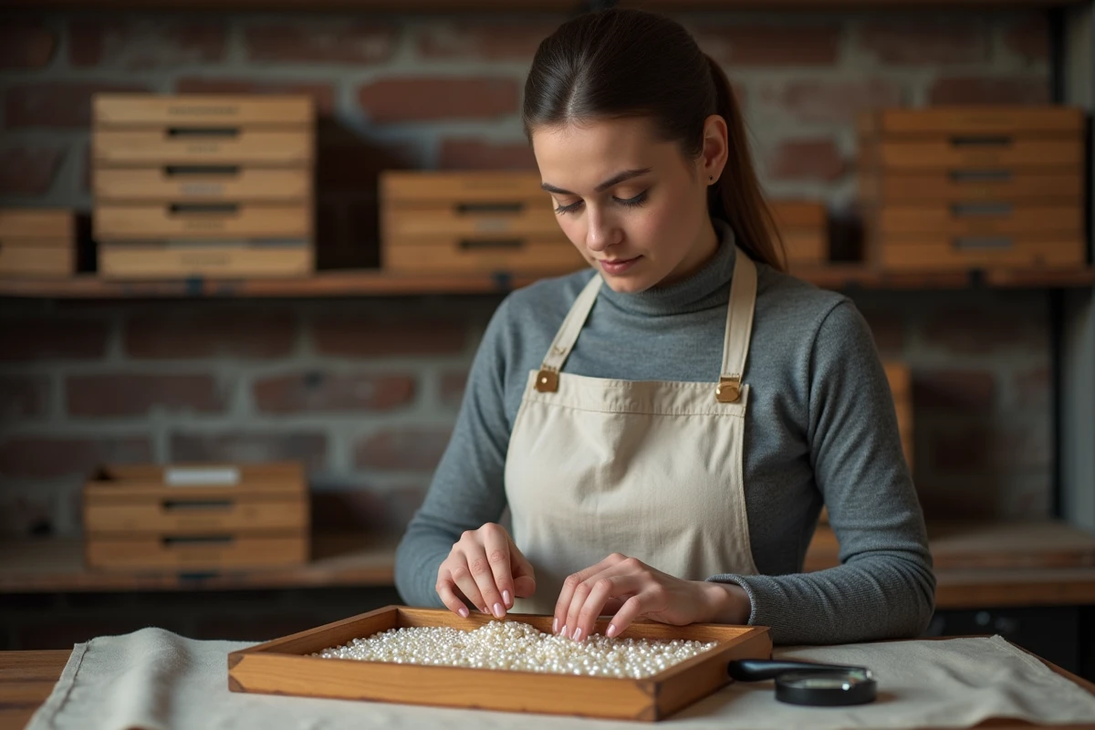 Bijoutière examinant un lot de perles huîtres naturelles dans un atelier de joaillerie artisanal