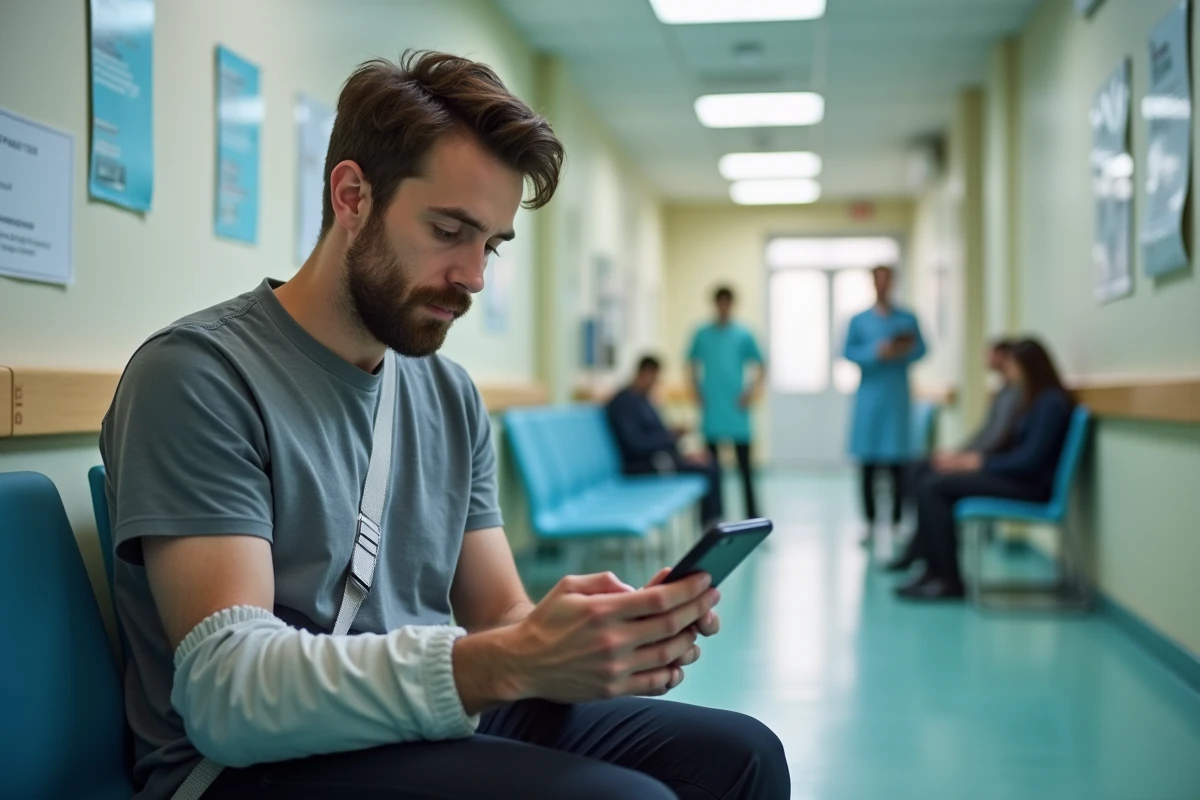 Homme blessé au bras attendant aux urgences d'un hôpital à Marseille après un dommage corporel