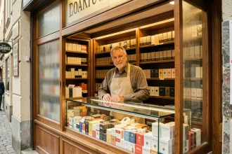 Buraliste luxembourgeois derrière son comptoir avec des paquets de cigarettes exposés dans une boutique traditionnelle