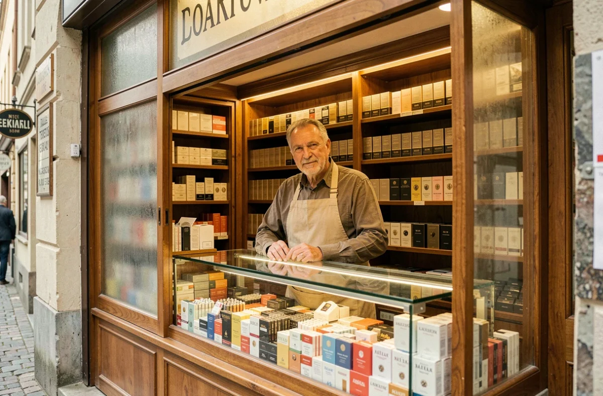 Buraliste luxembourgeois derrière son comptoir avec des paquets de cigarettes exposés dans une boutique traditionnelle