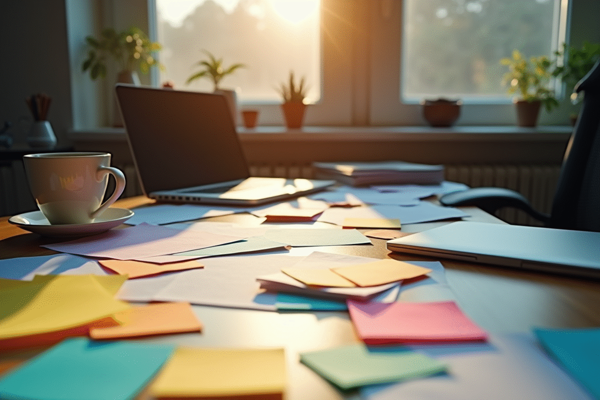 Bureau encombré avec papiers et notes colorées illustrant la productivité imperfecte