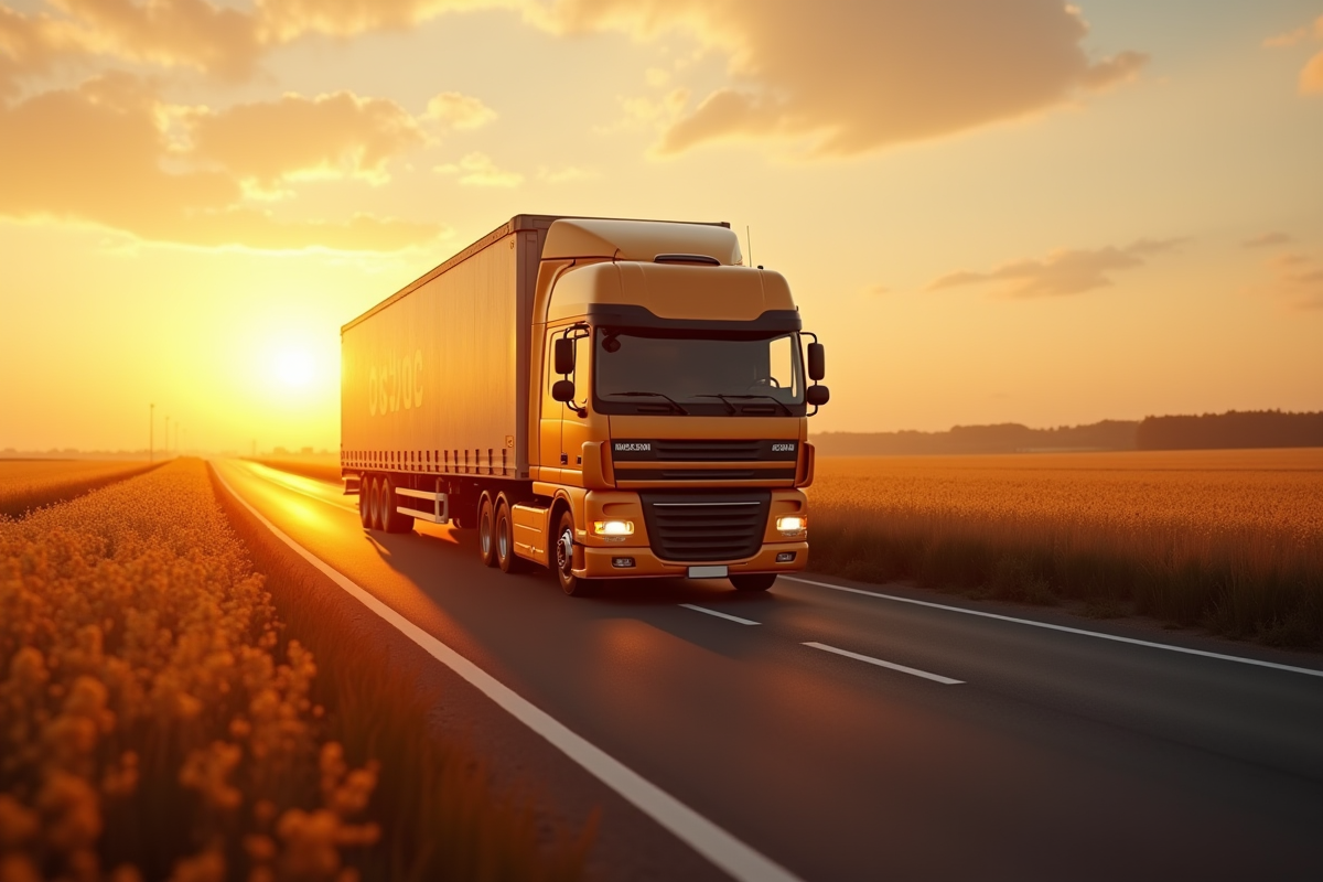 Camion de fret roulant au lever du soleil dans la campagne
