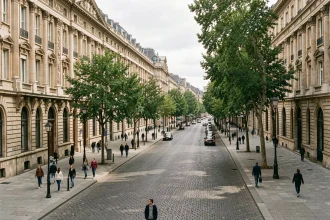 Vue de boulevard d'une capitale européenne avec architecture néoclassique et piétons