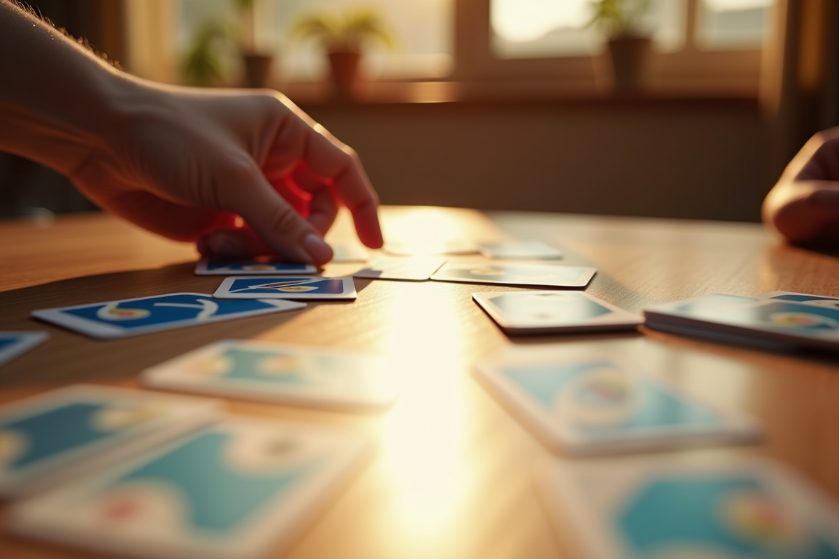 Mains jouant aux cartes River Uno sur une table bien rangée