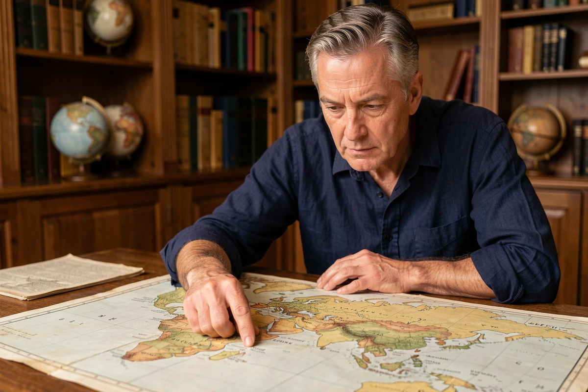 Cartographe examinant une carte du monde avec les capitales marquées dans un bureau