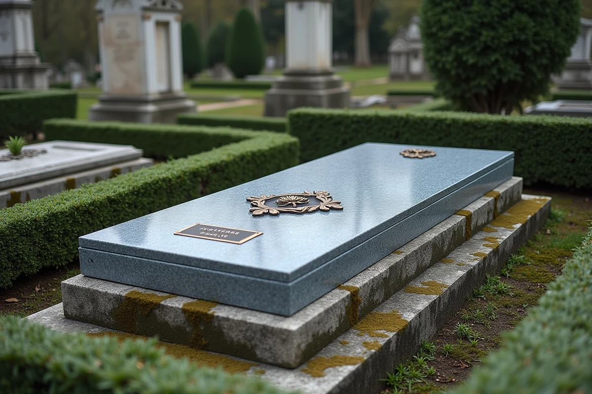 Caveau familial en granit gris dans un cimetière français avec décoration sobre et haies de buis taillées