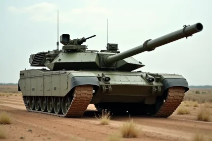 Char Leclerc de l'armée française sur un terrain d'entraînement militaire, vue trois quarts avant avec détails d'usure et de maintenance visibles
