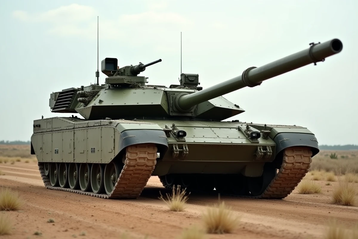 Char Leclerc de l'armée française sur un terrain d'entraînement militaire, vue trois quarts avant avec détails d'usure et de maintenance visibles