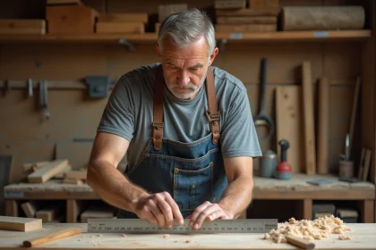 Charpentier mesurant une planche en bois avec une règle graduée en pouces et en centimètres dans un atelier