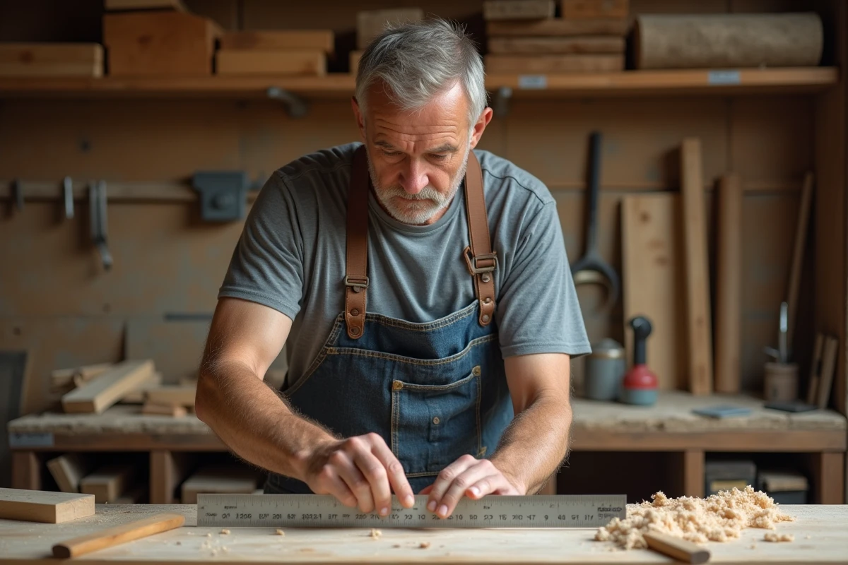 Charpentier mesurant une planche en bois avec une règle graduée en pouces et en centimètres dans un atelier