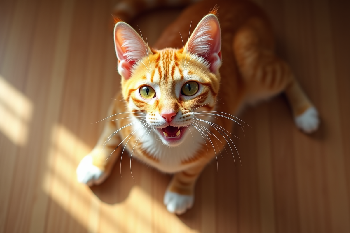 Chat roux joueur aux yeux verts sur le sol en bois