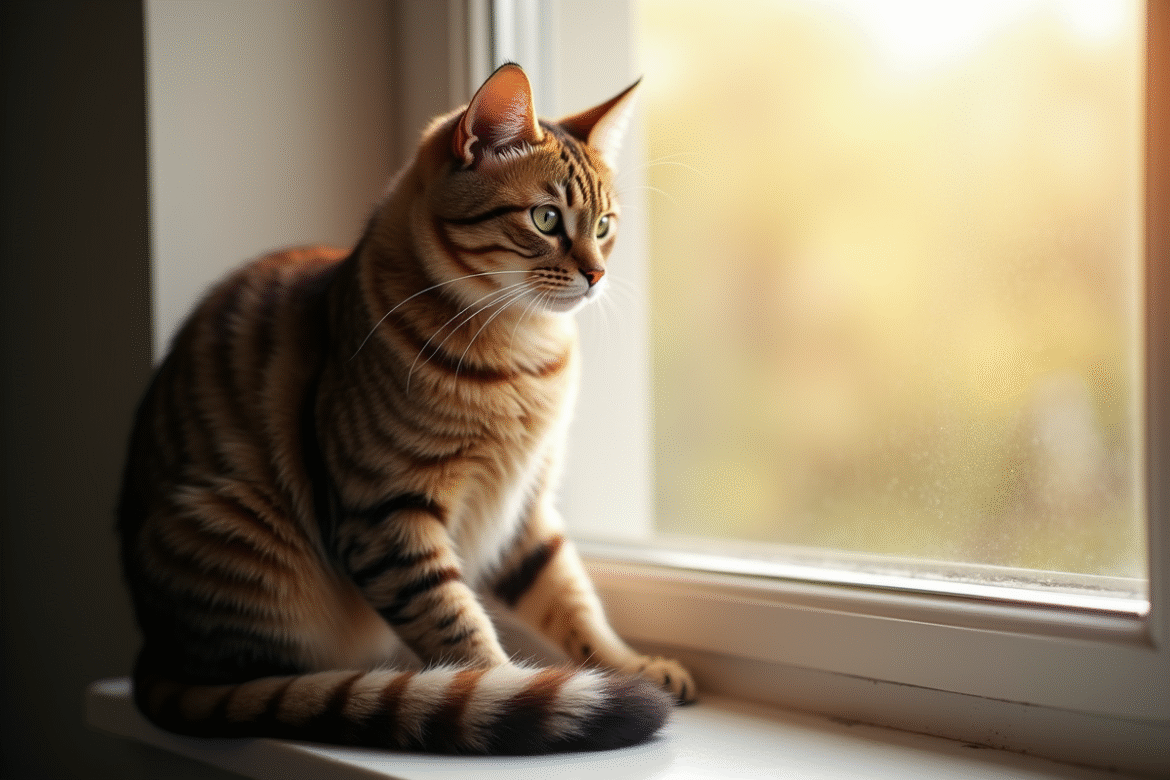 Chat mâle au pelage brillant sur une fenêtre ensoleillée