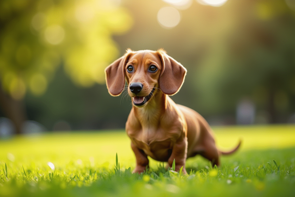 Kaninchen Dachshund dans un parc ensoleille avec herbe verte