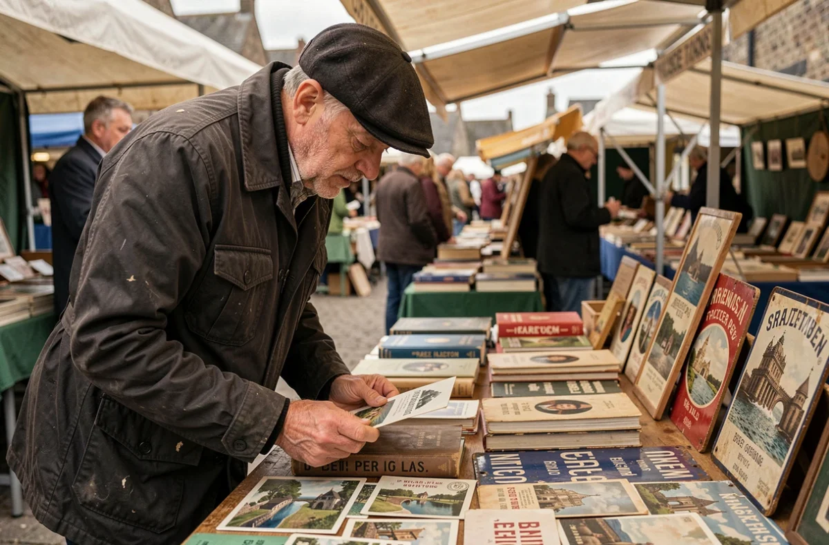 Homme parcourant des cartes postales vintage et des objets anciens sur un vide-grenier breton dans le Finistère 29
