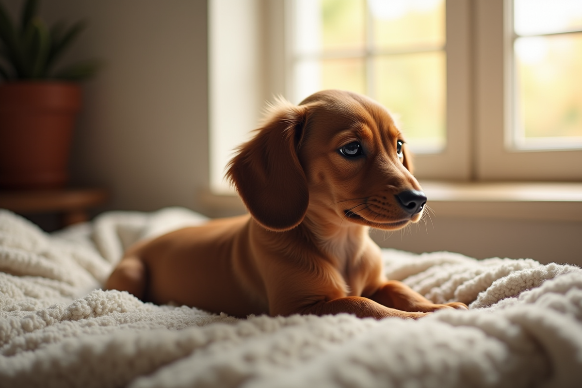 Chiot Dachshund couché sur une couverture chaude près d