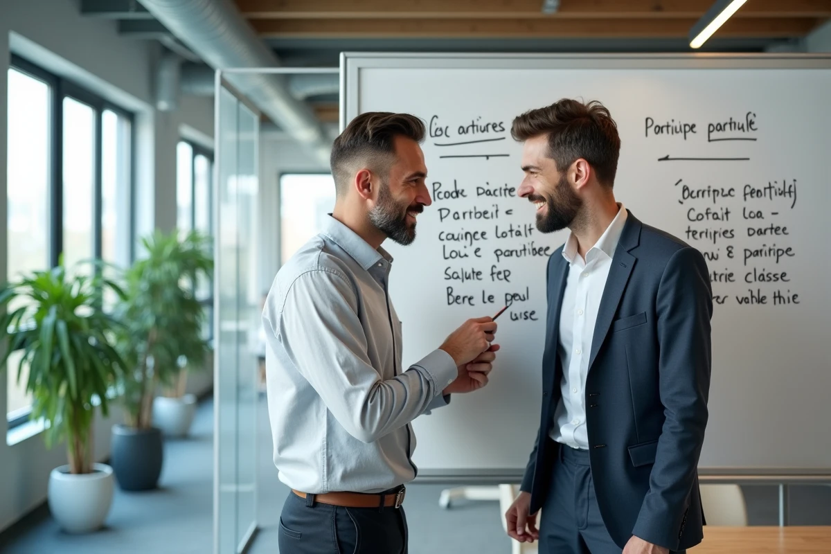 Deux collègues discutant de règles grammaticales françaises devant un tableau blanc en bureau moderne