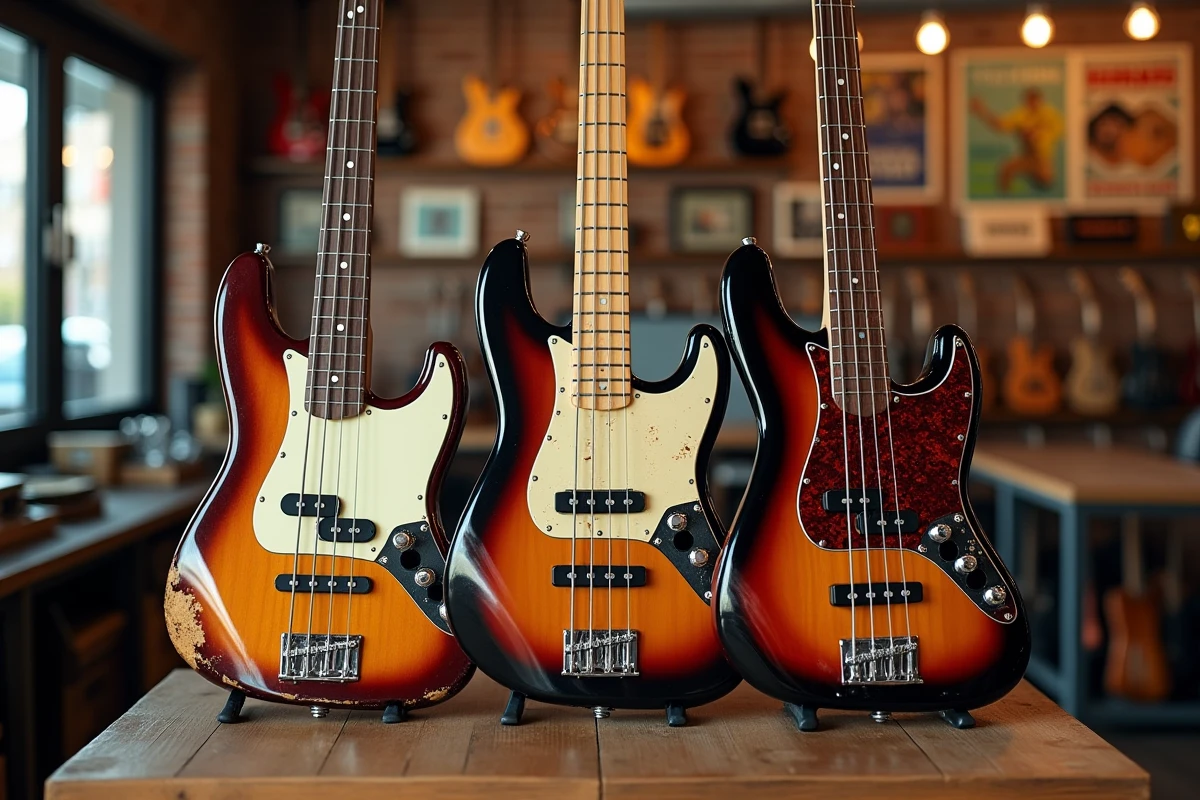 Comparaison de trois basses style Fender 64 en magasin, original vintage, copie japonaise et réplique moderne côte à côte