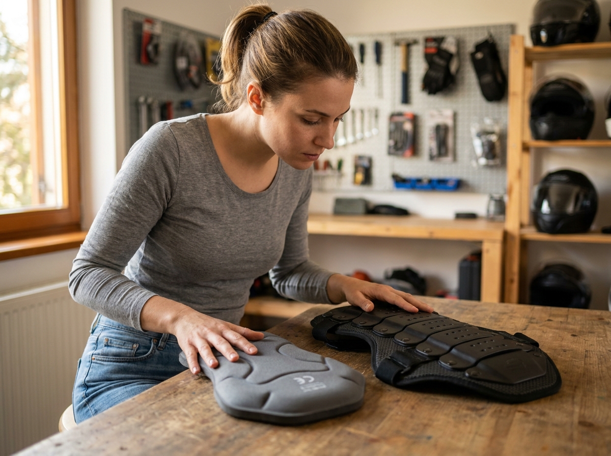 Femme comparant une protection dorsale souple et une protection rigide homologuées CE sur une table d'atelier équipement moto