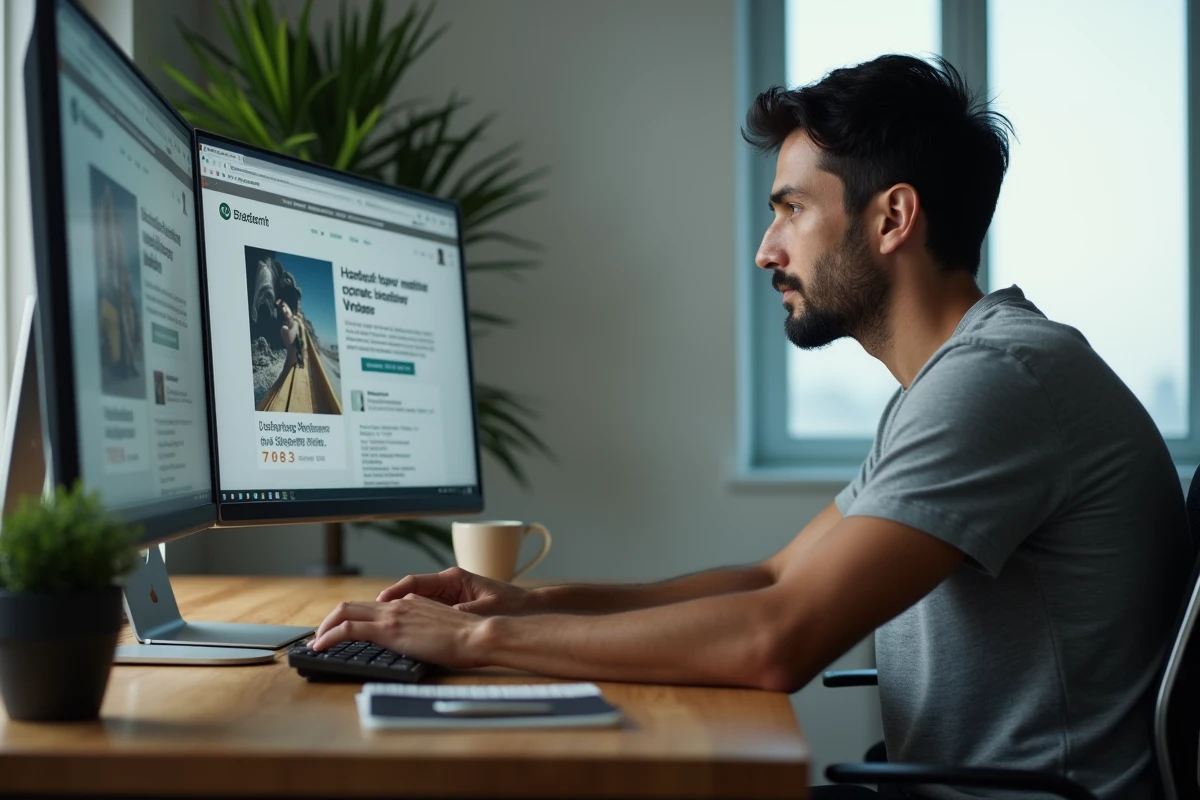 Homme comparant des sites de lecture de scans yaoi sur un grand écran d'ordinateur dans un bureau moderne