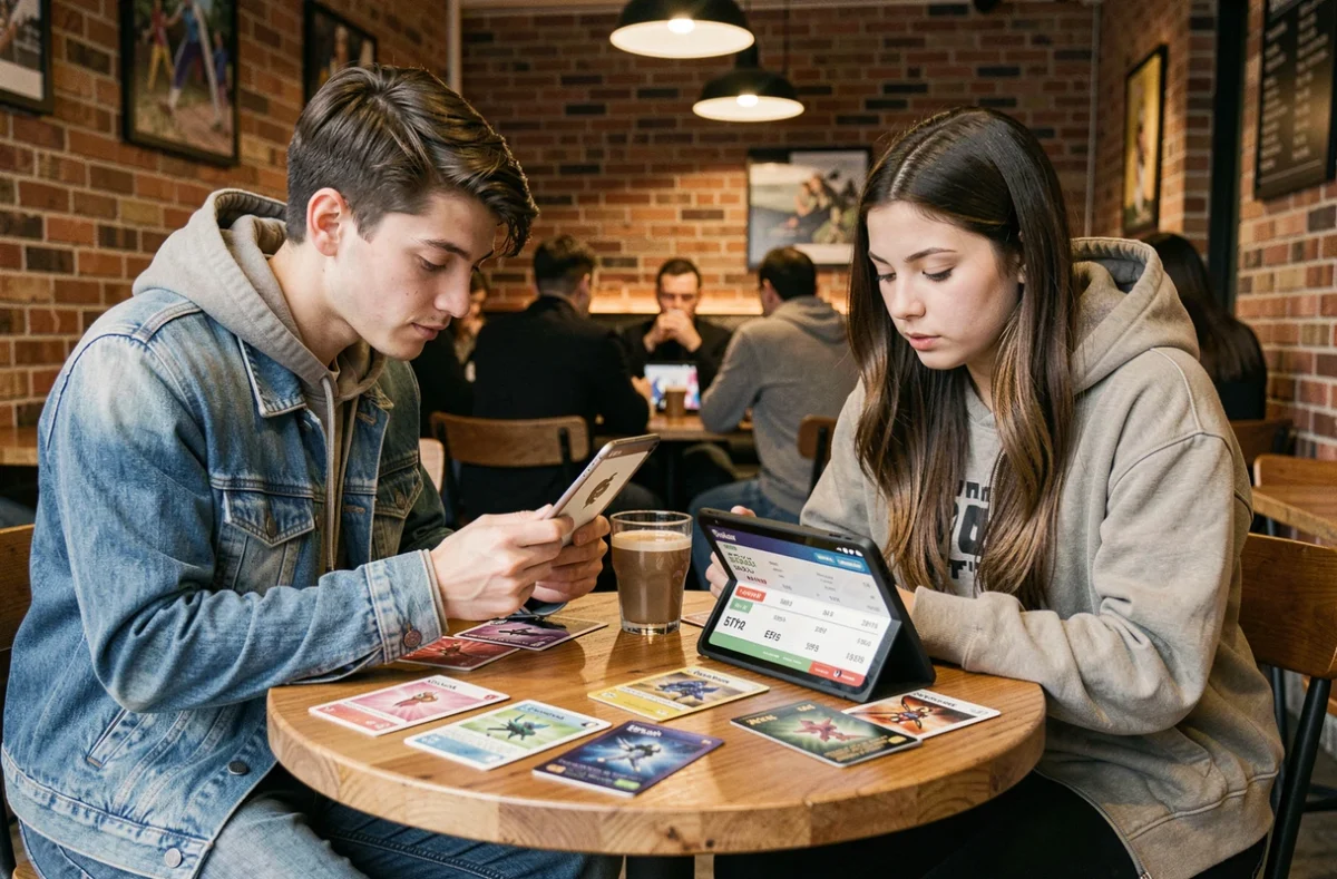Deux collectionneurs comparant des cartes Pokémon et consultant un guide de prix sur tablette dans un café urbain