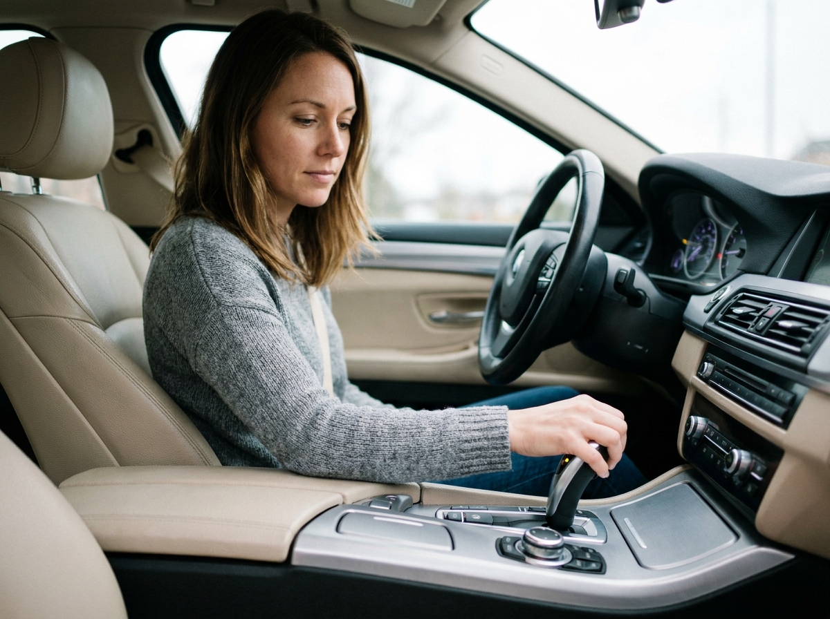 Femme au volant d'une voiture automatique regardant le sélecteur de vitesses avec les positions P R N D visibles