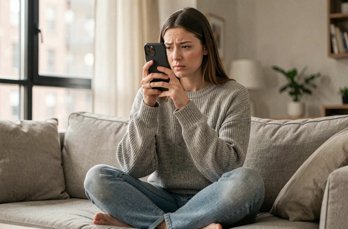 Femme utilisant son smartphone de façon discrète et privée dans un appartement moderne