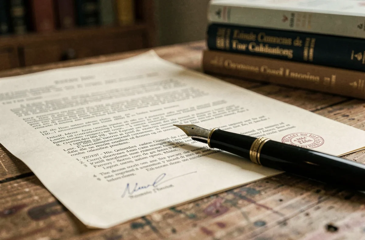 Gros plan sur un contrat juridique et un stylo plume évoquant les notions de caducité et force majeure en droit civil