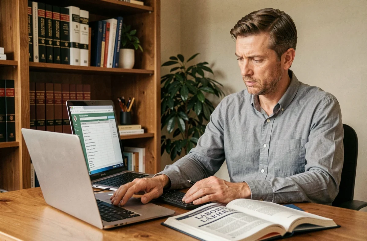 Homme consultant un livre de droit du travail et un tableau de conversion des heures en centièmes sur ordinateur portable depuis son bureau à domicile