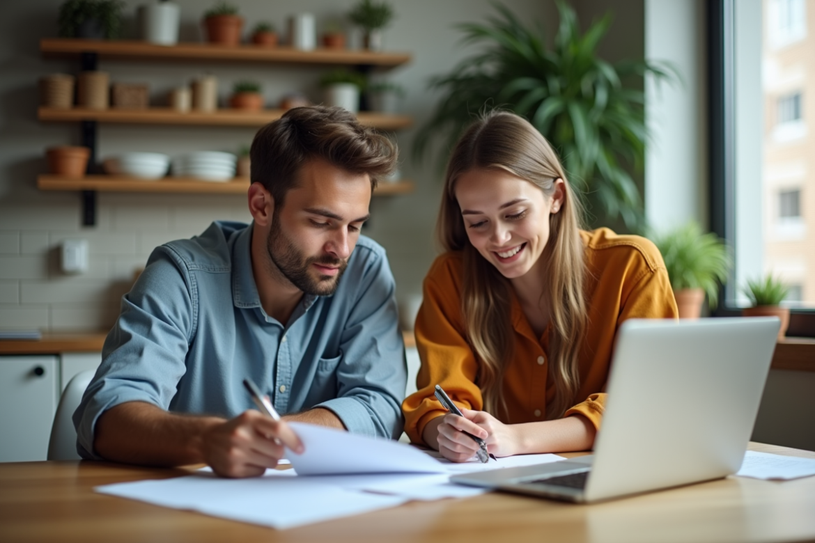 Jeune couple à la maison examine des papiers