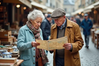 Couple agee cherchant dans un vide grenier en Bretagne