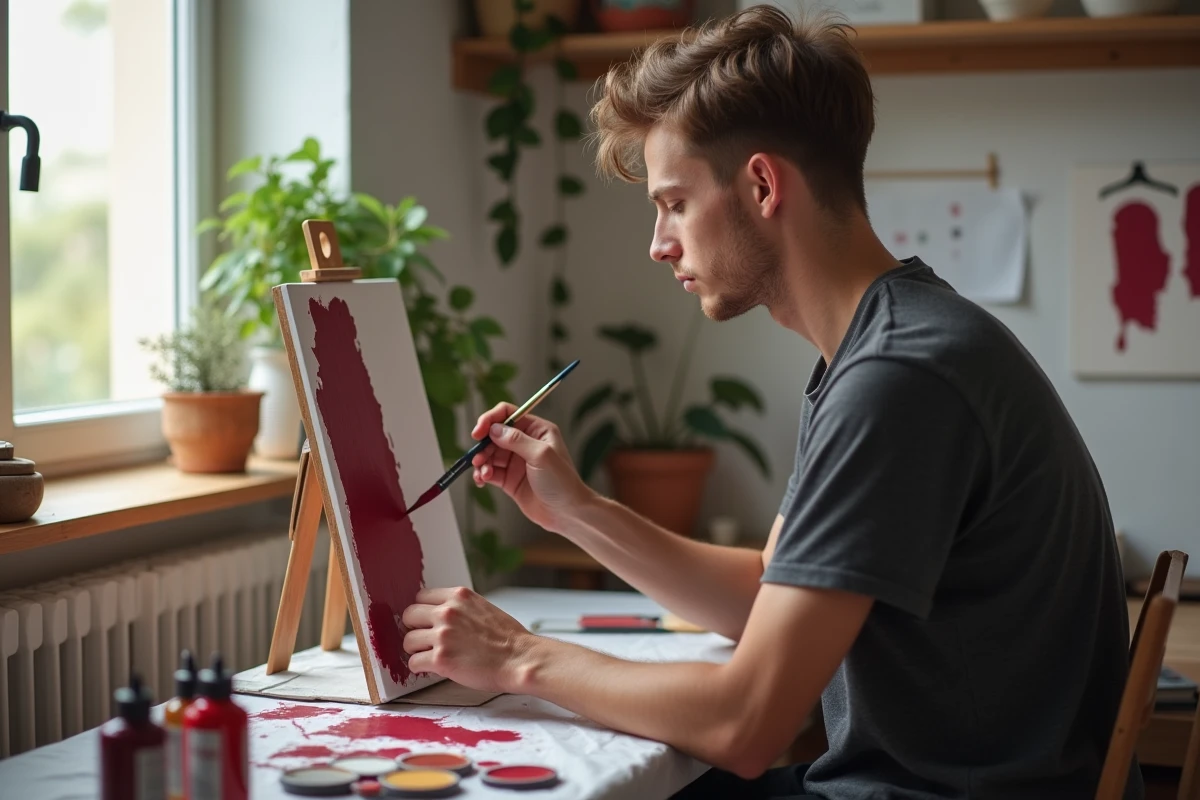 Jeune homme débutant appliquant de la peinture bordeaux sur une toile dans un coin atelier aménagé dans sa chambre